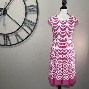 Talbots Dress 2 Pink & White Cap Sleeve Lined Fit & Flare EUC Wedding Guest